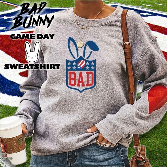 NFL Tops - 𝐍𝐅𝐋 𝐁𝐀𝐃 𝐁𝐔𝐍𝐍𝐘 Game Day Sweatshirt with Heart on Sleeve 🏈 🇺🇸 🇵🇷🐰❤️